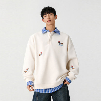 Embroidered Design Polo-neck Hoodie For Men